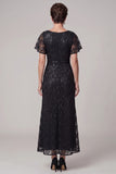 Black A-Line Bateau Neck Ruched Sequins Midi Mother of the Bride Dress with Rhinestone
