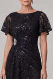 Black A-Line Bateau Neck Ruched Sequins Midi Mother of the Bride Dress with Rhinestone