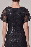 Black A-Line Bateau Neck Ruched Sequins Midi Mother of the Bride Dress with Rhinestone