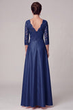 Navy A-Line V-Neck 3/4 Sleeves Satin Long Mother of the Bride Dress with Lace