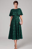 Dark Green A-Line Round Neck Printed Midi Mother of the Bride Dress with Cape
