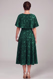 Dark Green A-Line Round Neck Printed Midi Mother of the Bride Dress with Cape