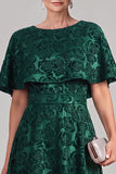 Dark Green A-Line Round Neck Printed Midi Mother of the Bride Dress with Cape
