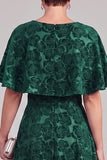 Dark Green A-Line Round Neck Printed Midi Mother of the Bride Dress with Cape
