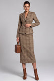 Brown Two Piece Notched Lapel Single Breasted Midi Work Dress