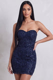 Navy Sequins Bodycon Strapless Floral Embroidery Short Cocktail Dress