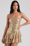 Golden Strapless Bodycon Tiered Ruffled Sequins Short Cocktail Dress