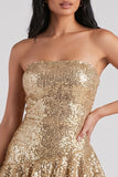 Golden Strapless Bodycon Tiered Ruffled Sequins Short Cocktail Dress