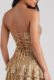 Golden Strapless Bodycon Tiered Ruffled Sequins Short Cocktail Dress