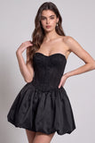 Black Corset Strapless Bubble Hem Short Cocktail Dress with Lace