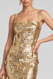Sparkly Golden Sheath Sequins 3D Appliques Maxi Evening Dress with Side Slit