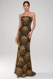 Sparkly Black Golden Sheath Strapless Sequins Maxi Evening Dress with Beading