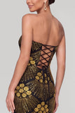 Sparkly Black Golden Sheath Strapless Sequins Maxi Evening Dress with Beading