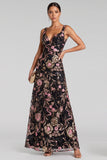 Black Pink A-Line V-Neck Floral Maxi Evening Dress with Sequins