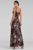 Black Pink A-Line V-Neck Floral Maxi Evening Dress with Sequins