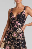 Black Pink A-Line V-Neck Floral Maxi Evening Dress with Sequins
