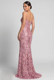Sparkly Mermaid Spaghetti Straps Sequins Pink Evening Dress with Lace Up Back