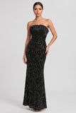 Black Mermaid Strapless Pleated Sequins Satin Evening Dress
