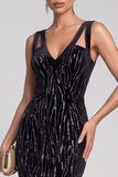 Black Mermaid Cut Out V-Neck Velvet Sequins Long Evening Dress