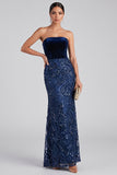 Navy Strapless Mermaid Velvet Sequins Long Evening Dress