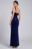 Glitter Navy Velvet One Shoulder Ruched Evening Dress
