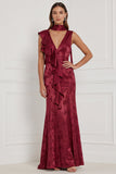 Burgundy Mermaid V-Neck Printed Ruffled Long Bridesmaid Dress