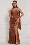 Olive Printed Sheath Strapless Ruched Maxi Bridesmaid Dress with Side Slit
