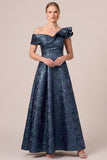 Navy Asymmetrical Off the Shoulder A-Line Ruffled Jacquard Mother of the Bride Dress