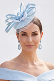 Blue Looped Satin Ribbons Crinoline Netting Fascinator Hat with Feathers