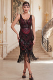 Dark Green V-Neck Sequins Tulle Beaded Sheath Midi 1920s Dress with Fringes