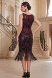 Dark Green V-Neck Sequins Tulle Beaded Sheath Midi 1920s Dress with Fringes