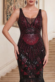 Dark Green V-Neck Sequins Tulle Beaded Sheath Midi 1920s Dress with Fringes