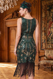 Dark Green V-Neck Sequins Tulle Beaded Sheath Midi 1920s Dress with Fringes