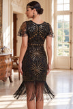 Dark Green Round Neck Beaded Sequins Sheer Flutter Sleeves 1920s Dress with Fringes
