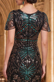 Dark Green Round Neck Beaded Sequins Sheer Flutter Sleeves 1920s Dress with Fringes