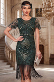 Dark Green Round Neck Beaded Sequins Sheer Flutter Sleeves 1920s Dress with Fringes