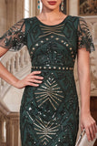 Dark Green Round Neck Beaded Sequins Sheer Flutter Sleeves 1920s Dress with Fringes