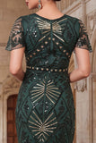 Dark Green Round Neck Beaded Sequins Sheer Flutter Sleeves 1920s Dress with Fringes