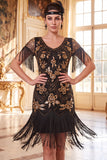 Black Golden Round Neck Sequins Sheath 1920s Dress with Fringes