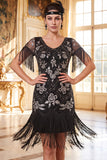 Black Golden Round Neck Sequins Sheath 1920s Dress with Fringes