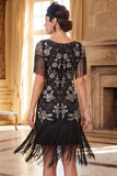 Black Golden Round Neck Sequins Sheath 1920s Dress with Fringes