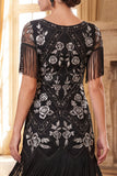 Black Golden Round Neck Sequins Sheath 1920s Dress with Fringes