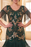 Black Golden Round Neck Sequins Sheath 1920s Dress with Fringes