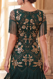 Black Golden Round Neck Sequins Sheath 1920s Dress with Fringes