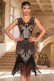 Black Golden V-Neck Sheath Sequins 1920s Flapper Dress with Fringes