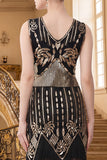 Black Golden V-Neck Sheath Sequins 1920s Flapper Dress with Fringes