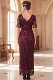Burgundy V-Neck Short Sheer Sleeves Sheath Sequins Long 1920s Dress