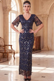 Burgundy V-Neck Short Sheer Sleeves Sheath Sequins Long 1920s Dress