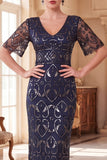 Burgundy V-Neck Short Sheer Sleeves Sheath Sequins Long 1920s Dress