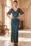 Burgundy V-Neck Short Sheer Sleeves Sheath Sequins Long 1920s Dress